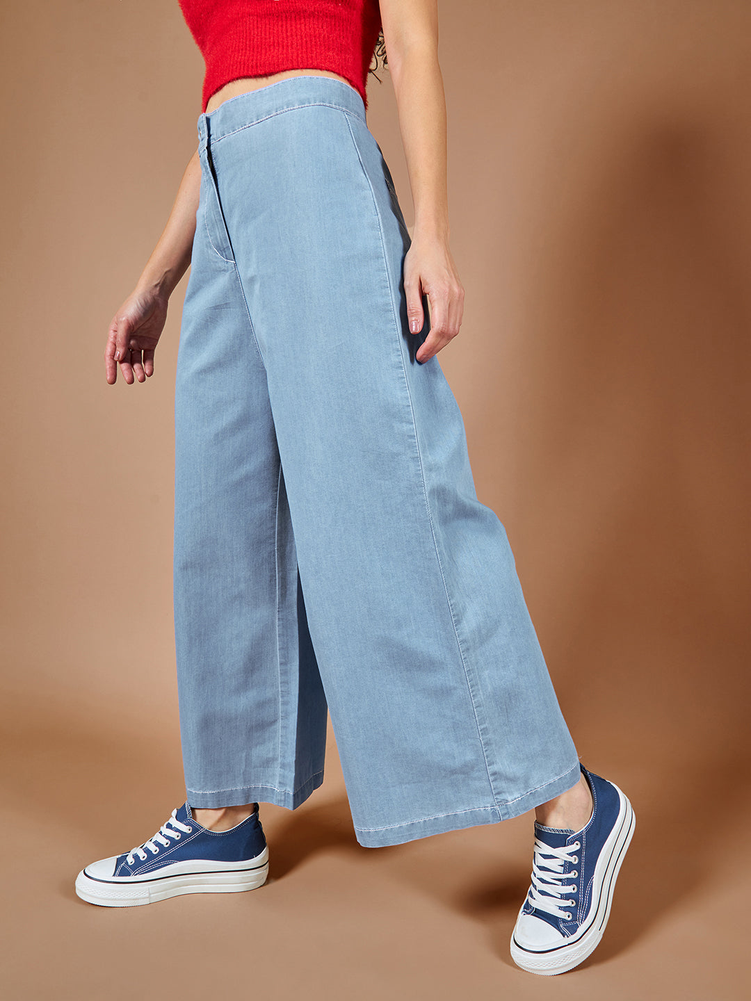 Women's Blue Wide-Leg High-Rise Denim Culottes Pants