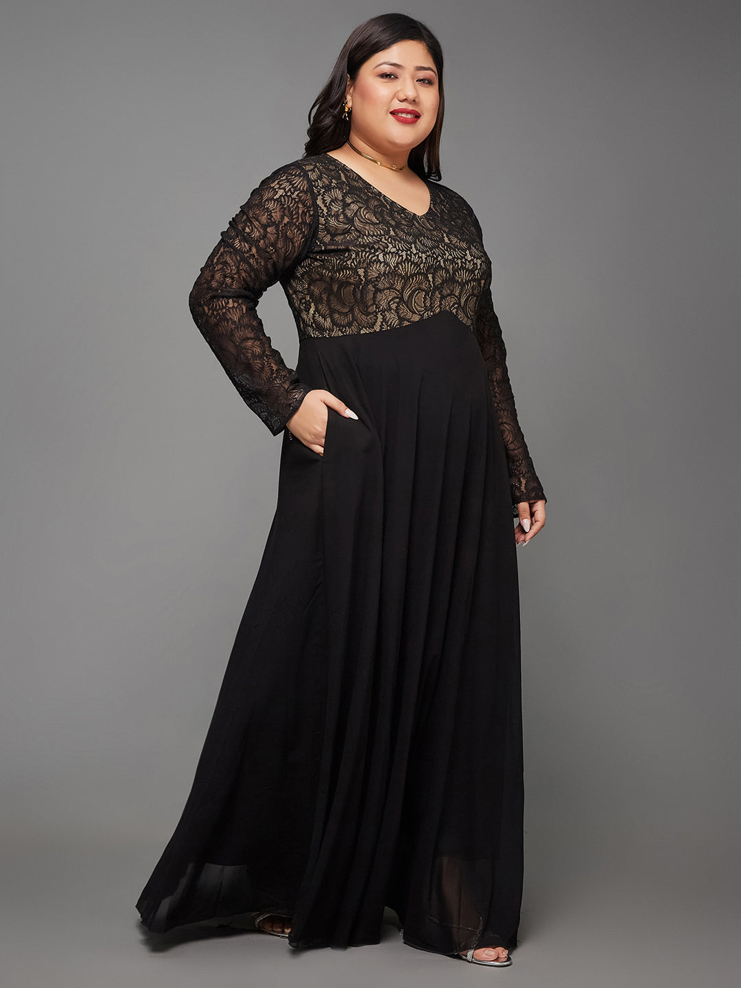 Black V-Neck Full Sleeve Self Design Lace-Overlaid Georgette Maxi Dress for Women
