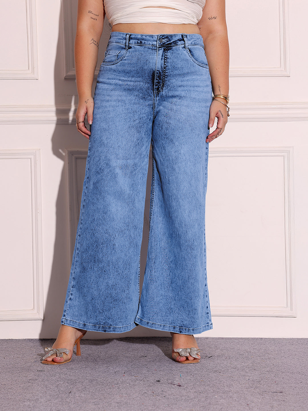Women's Light Blue Wide-Leg High-Rise Clean-Look Stretchable Shaping Denim Jeans
