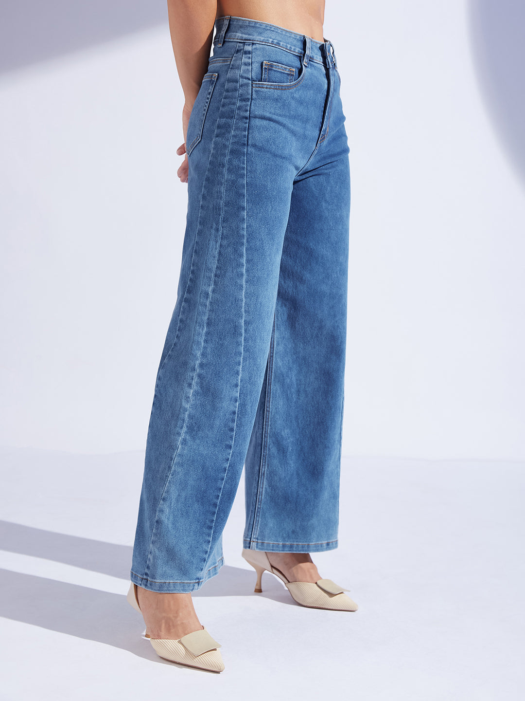 Women's Mid Blue Wide Leg High-Rise Curved Panel Stretchable Denim Jeans