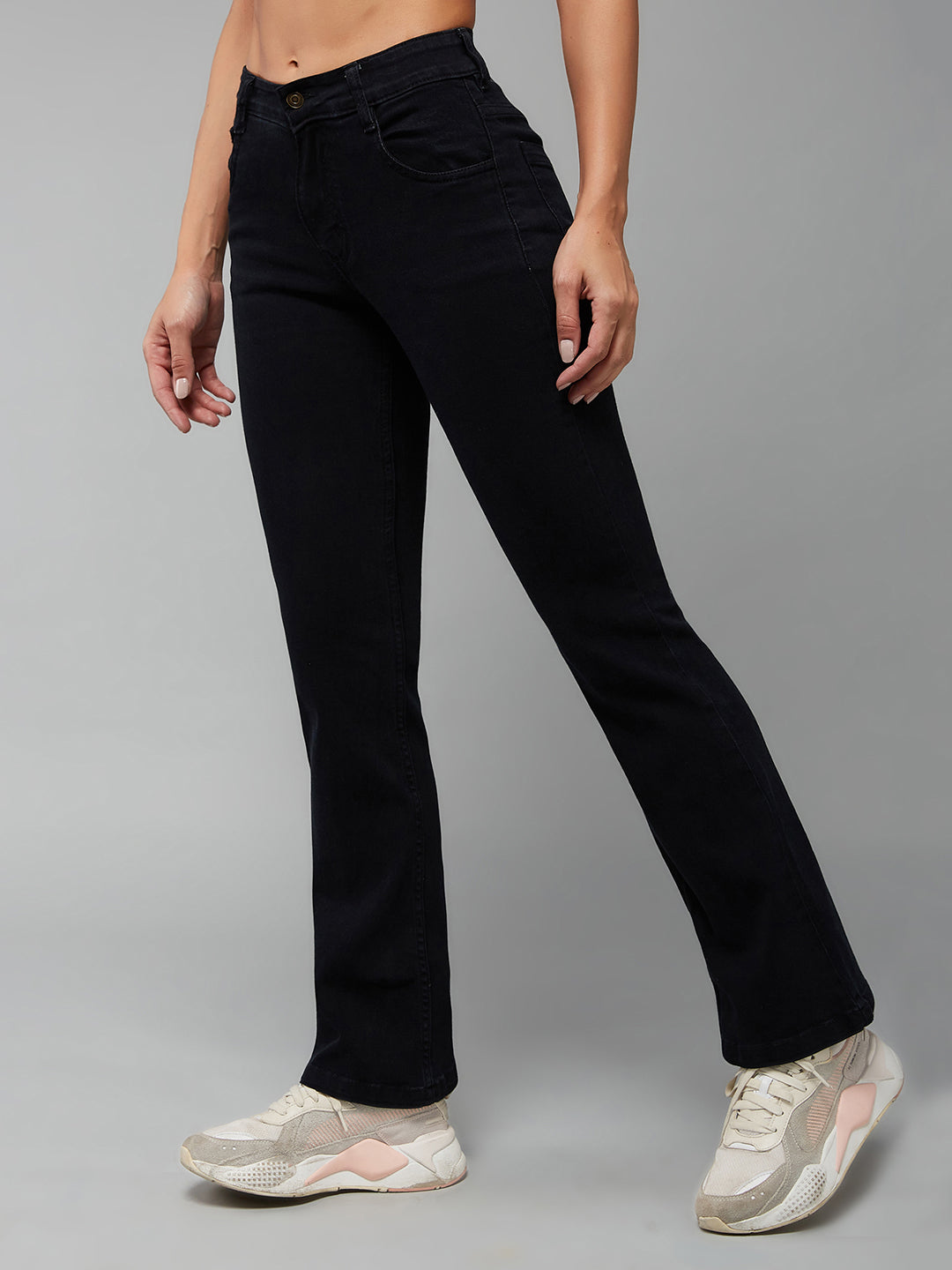 24/7 Comfort Black Bell-Bottom Semi-Bootcut Mid-Rise Stretchable Denim Jeans