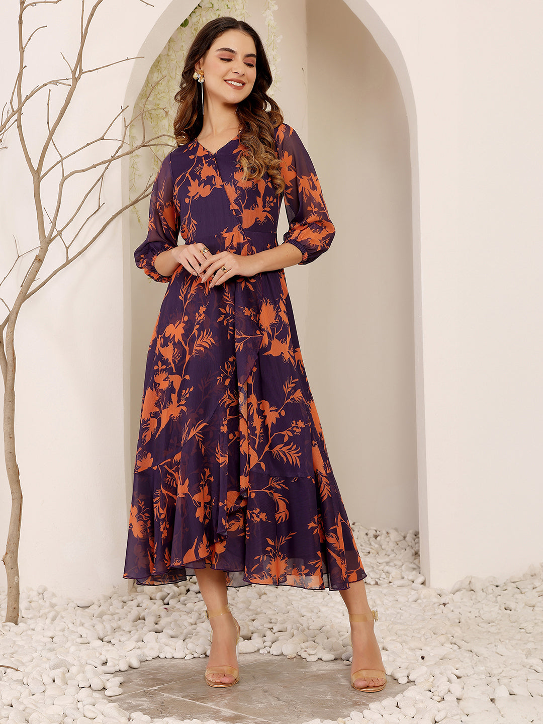 Women's Multicolored-Base-Purple V-Neck 3/4 Sleeve Floral Wrap Chiffon Midi Dress