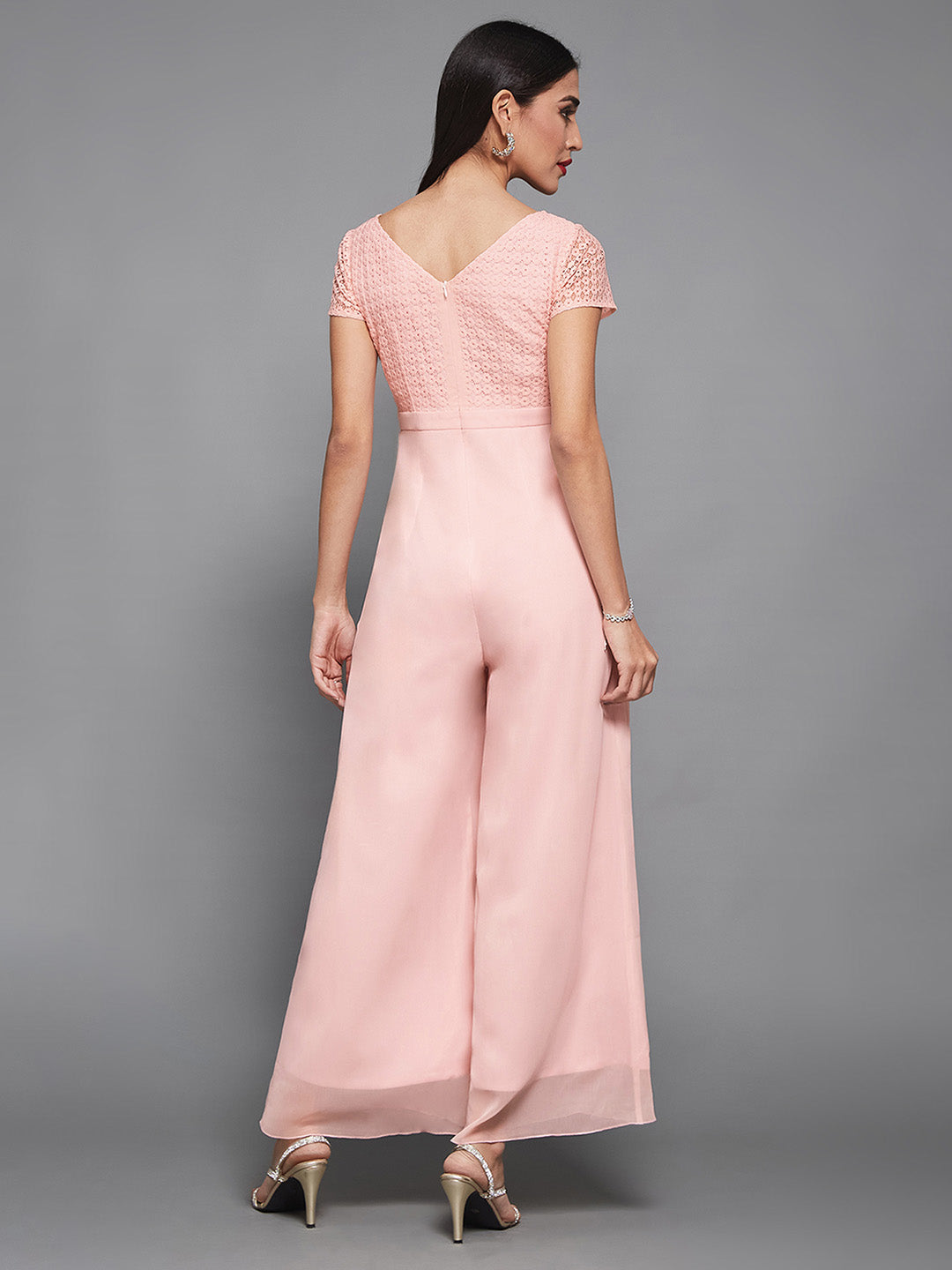 Women's Dusty Pink Round Neck Short Sleeve Self Design Lace-Overlaid Regular Jumpsuit