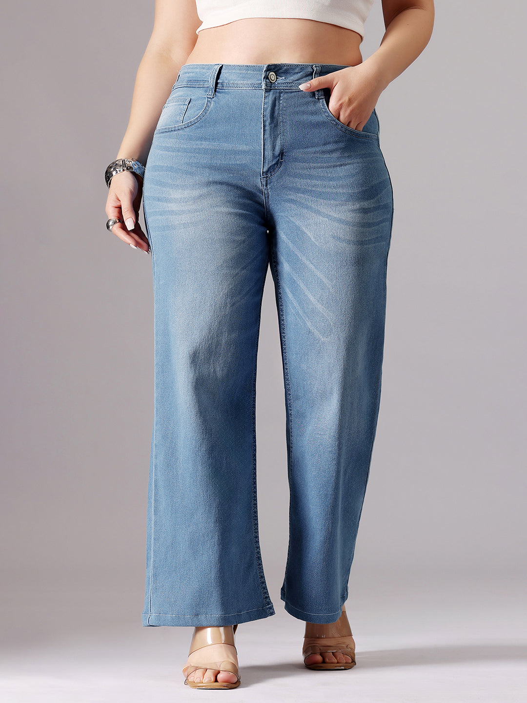 24/7 Comfort Light Blue Wide-Leg fit Mid-Rise Regular Length Stretchable Denim Jeans