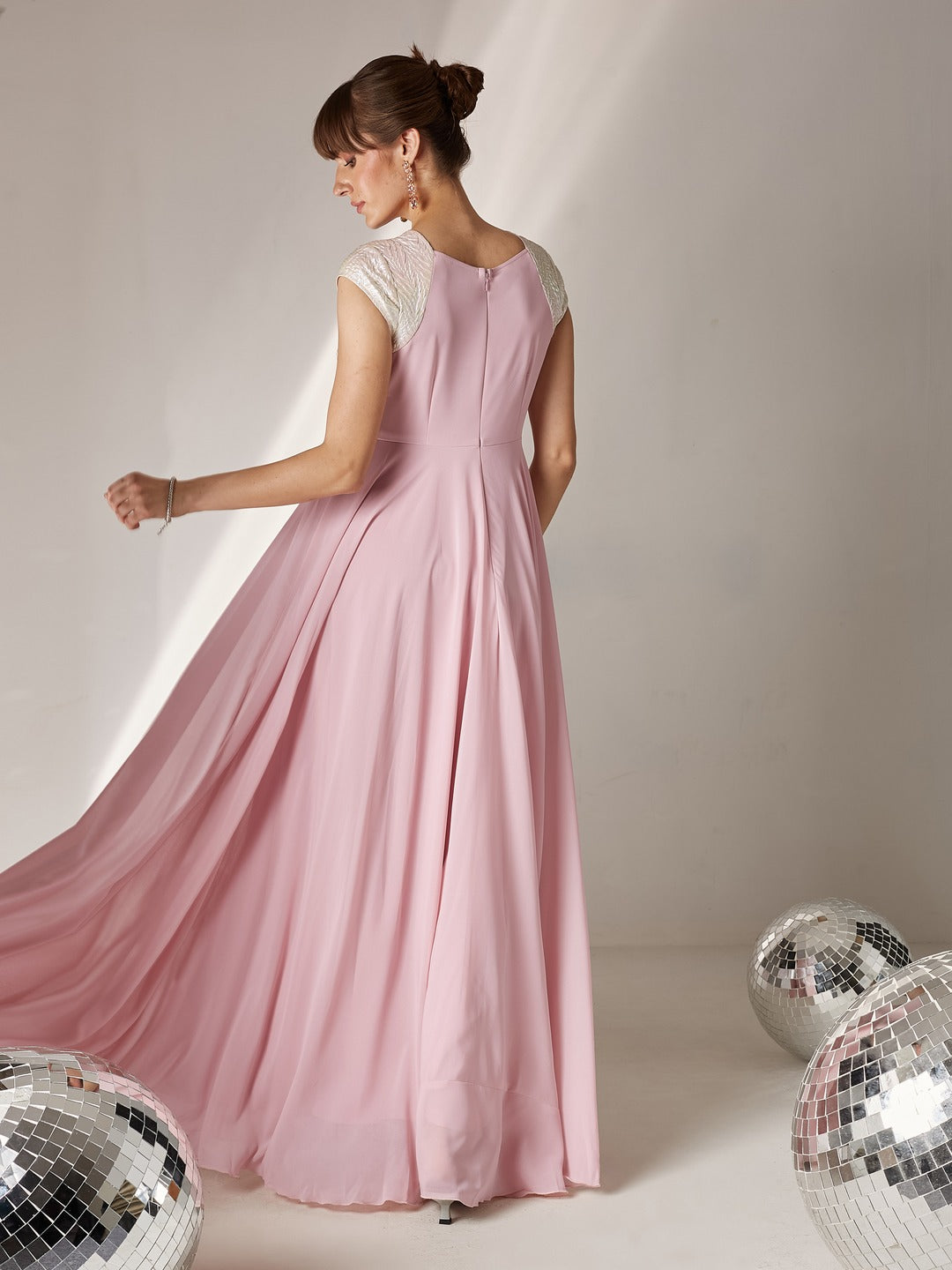 Dusty Pink Round Neck Raglan Sleeve Self-Designed Fit & Flare Georgette Maxi Dress for Women