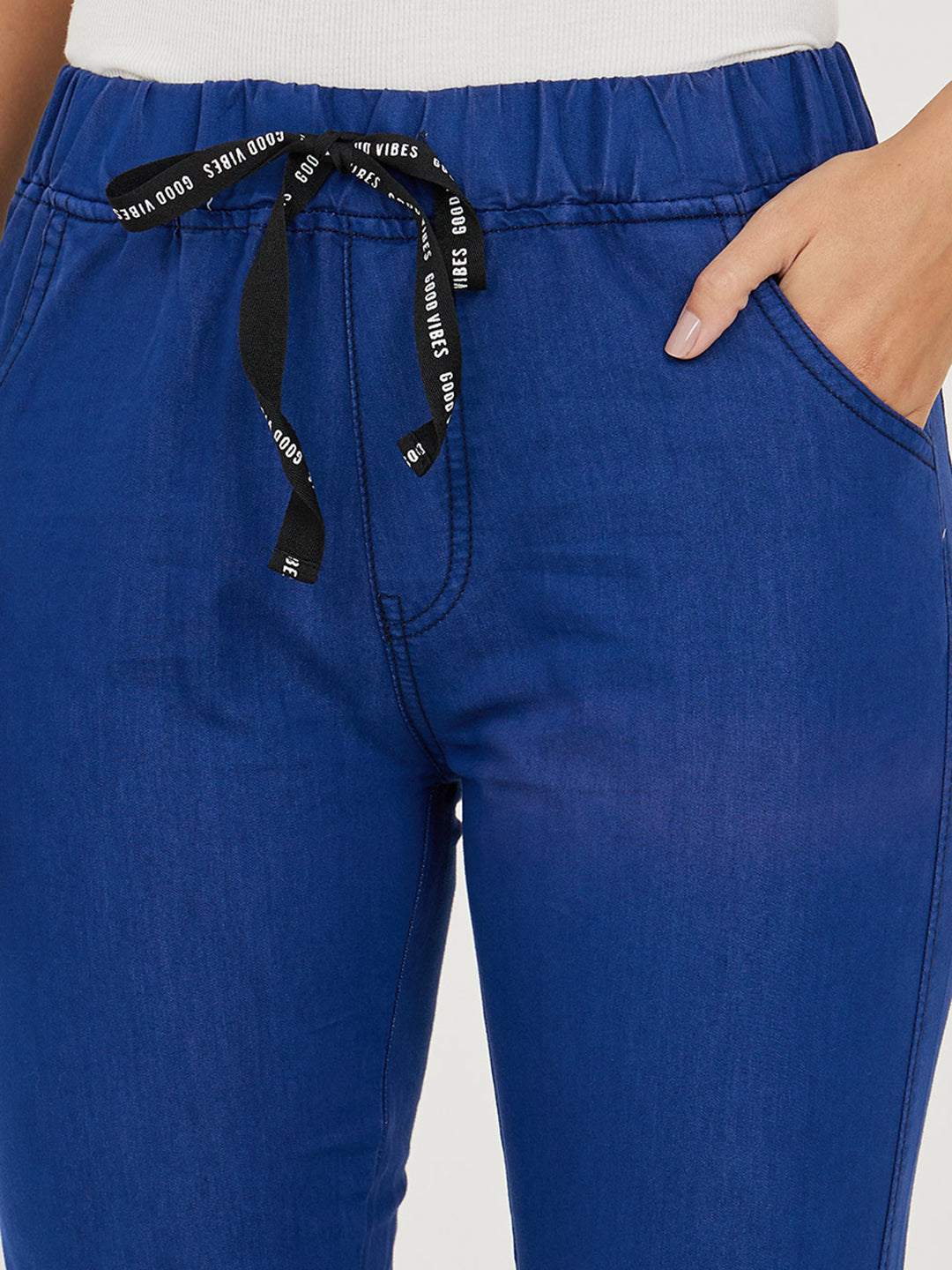 Women's Blue High Rise Clean Look Solid Cropped Striped Detailing Denim Joggers