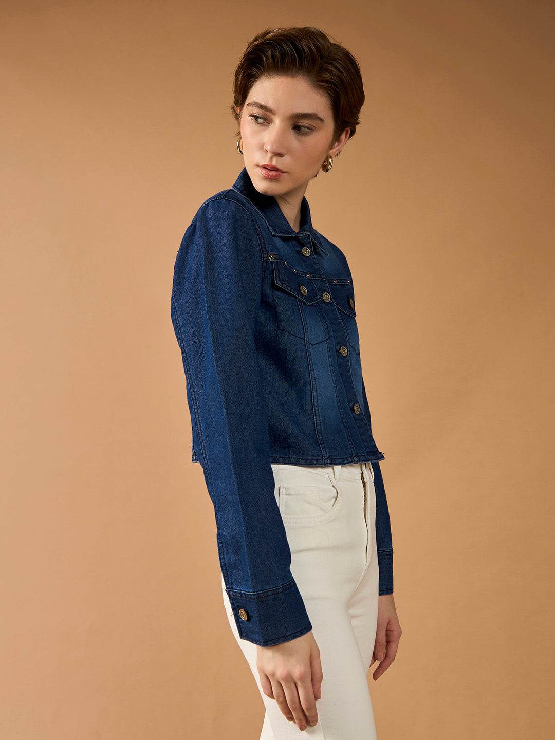 Women's Navy Blue Solid Polo Neck Full Sleeves Buttoned Denim Embellished Cropped Jacket