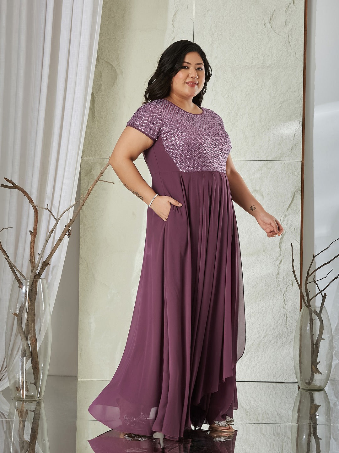 Mauve Round Neck Cap Sleeve Embellished Fit & Flare Maxi Crepe Dress for Women