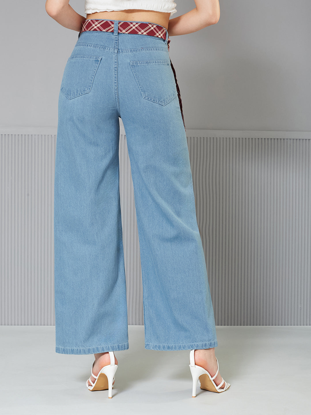 Light-Blue Straight-Fit High-Rise Regular-Length Non-Stretchable Denim Jeans with Detachable Necktie for Women — Miss Chase