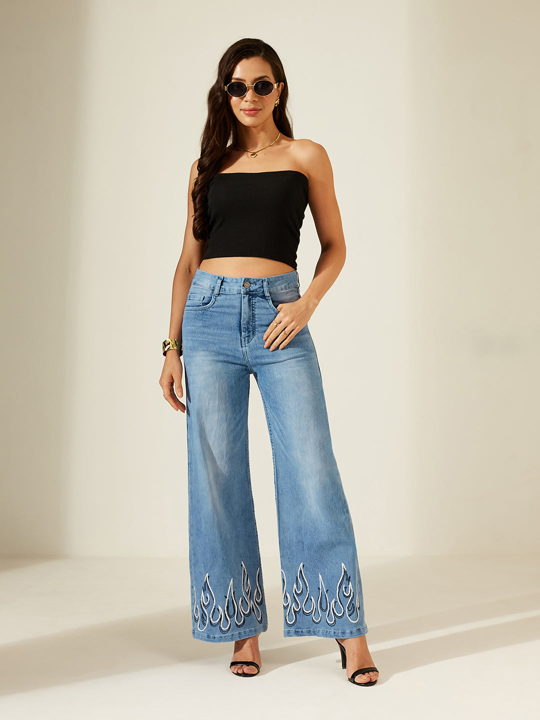 CHASEshape™ Hand-Painted Light-Shaping Wide-Leg High-Rise Light-Blue Denim Jeans