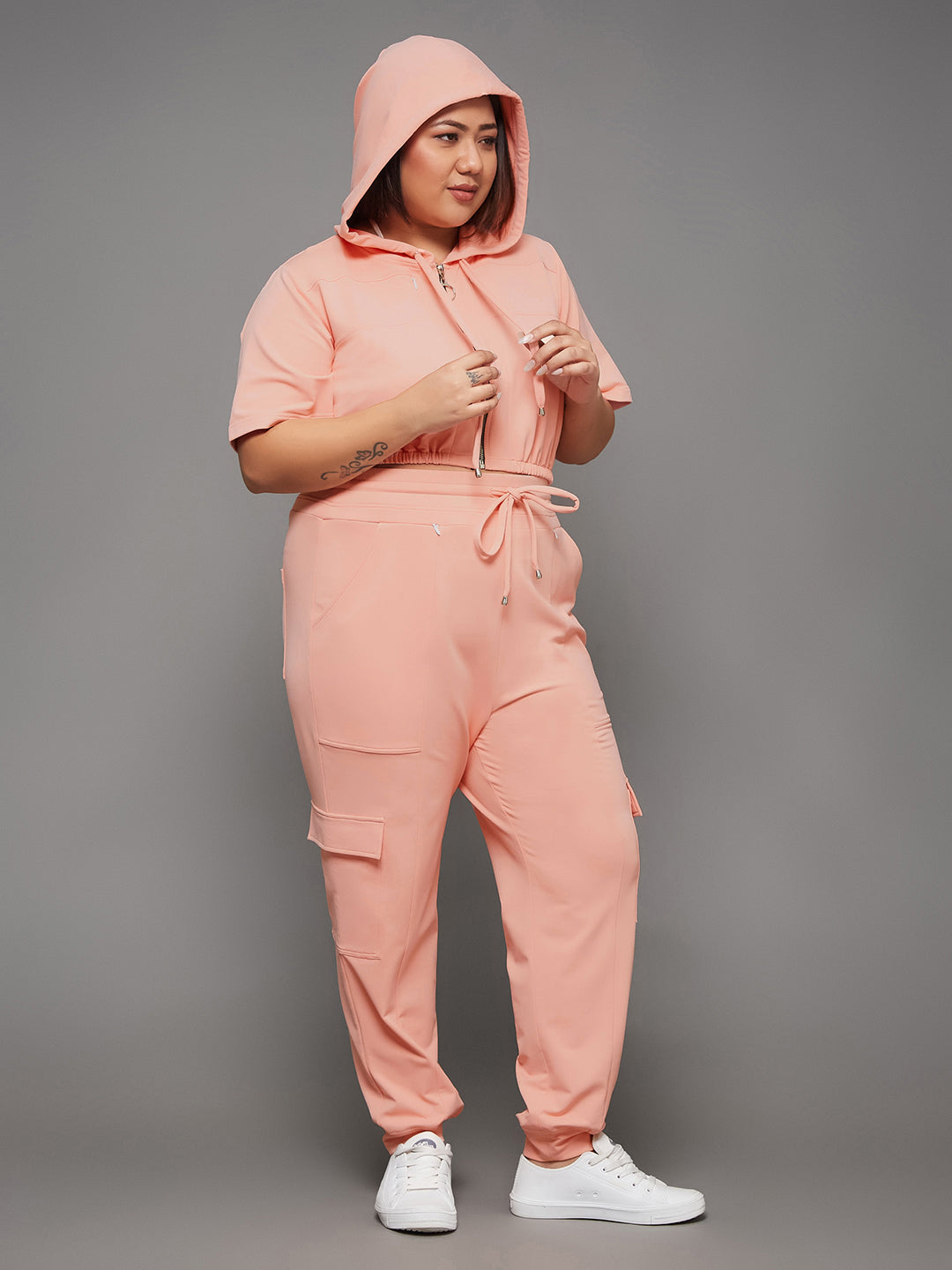 Body Bliss Peach Round Short Solid Crop Regular Co-ord Set for Women