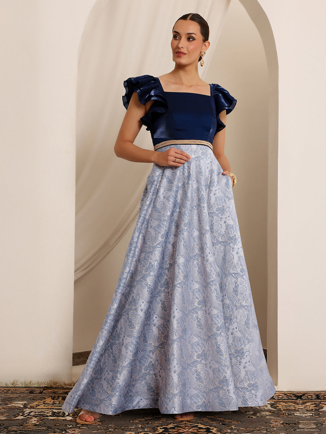 Women's Navy Blue White Square Neck Ruffled Floral Maxi Dress