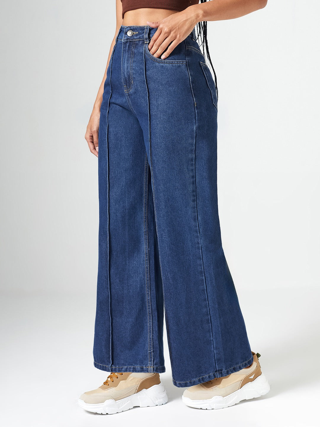 Navy Blue Wide-Leg High-Rise Clean-Look Regular-Length Non-stretchable Denim Jeans for Women