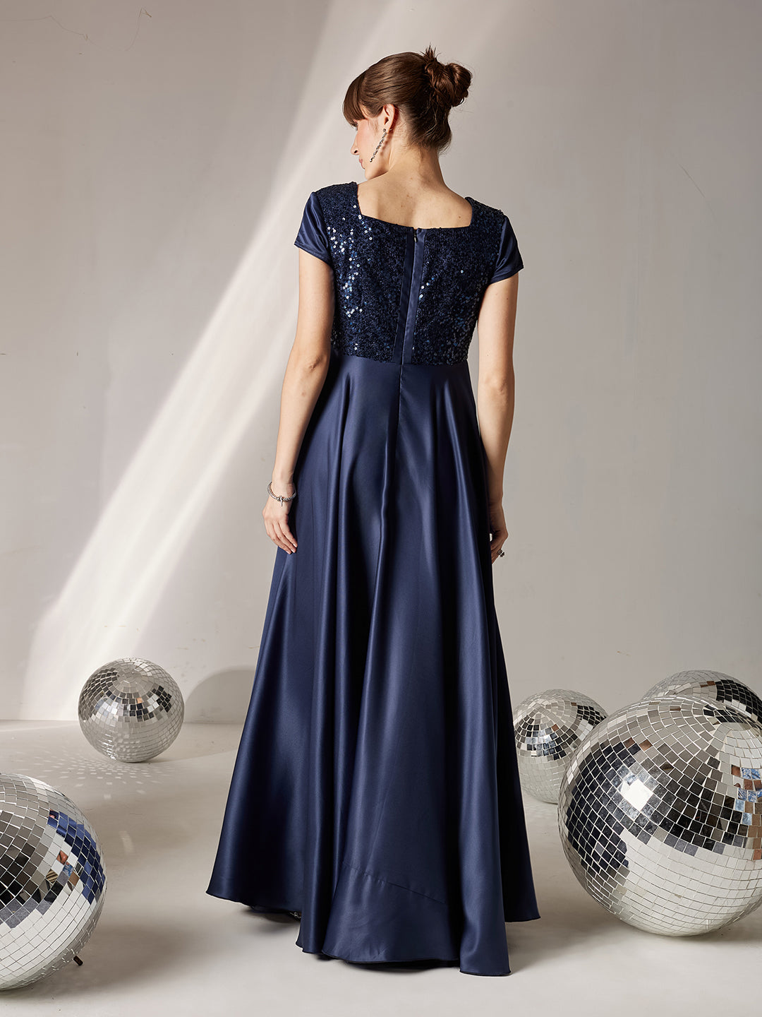 Women's Navy Blue Square Neck Short Sleeve Embellished Polyester Fit & Flare Maxi Dress