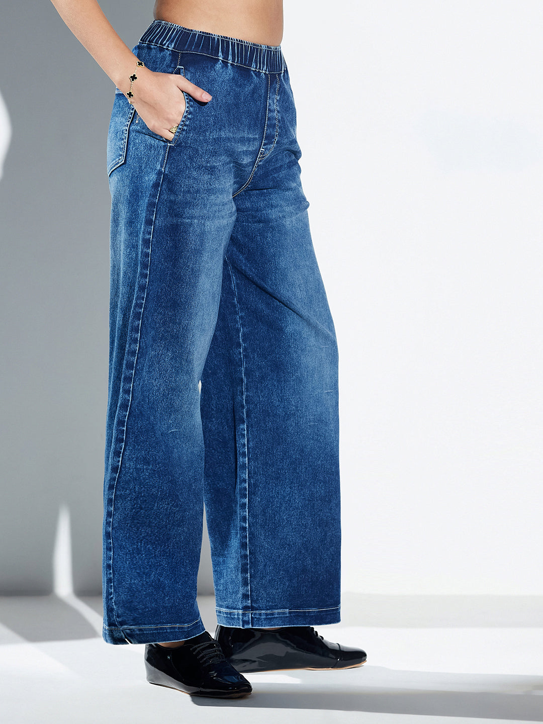 Navy Blue Wide Leg High-Rise Elasticated Waist Heavy Wash Stretchable Denim Jeans For Women