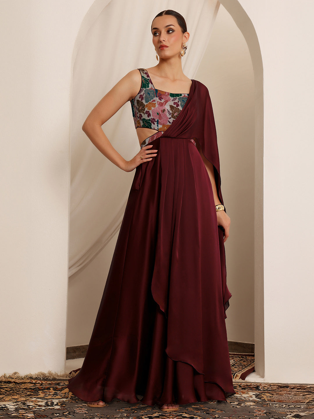 Women's Wine Square Neck Sleeveless Floral Layered Satin Maxi Dress