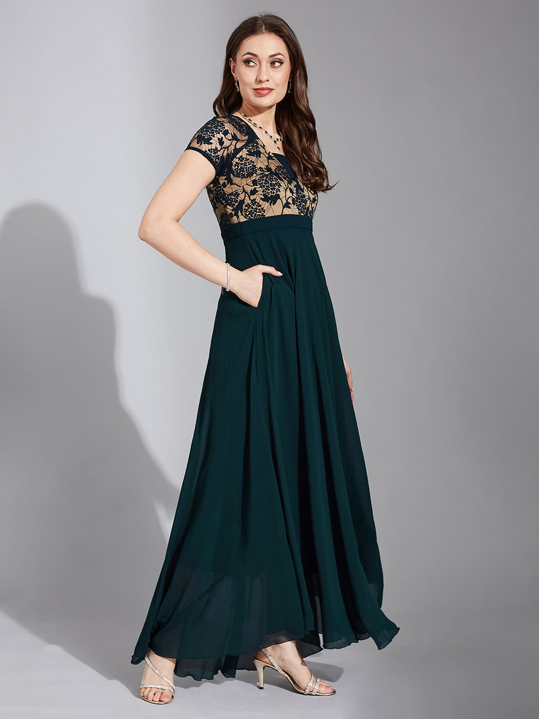 Women's Teal Square Neck Raglan Short Sleeve Self Design Lace Overlaid Georgette Maxi Dress