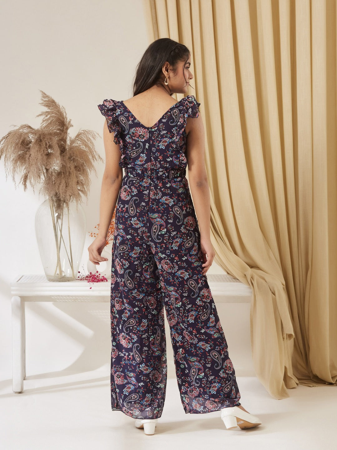 Navy Blue Round Neck Sleeveless Floral Wide Leg Regular Jumpsuit for Girls/Teenagers