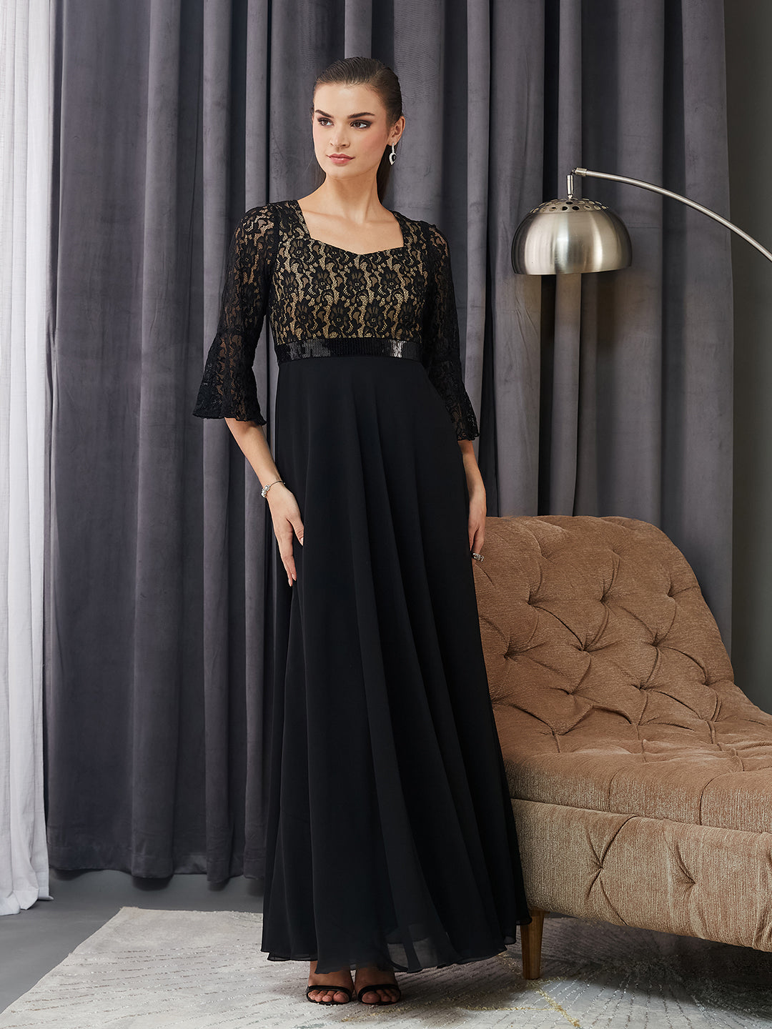 Women's Black Sweetheart-Neck Full Sleeve Floral Lace-Overlaid Georgette Maxi Dress