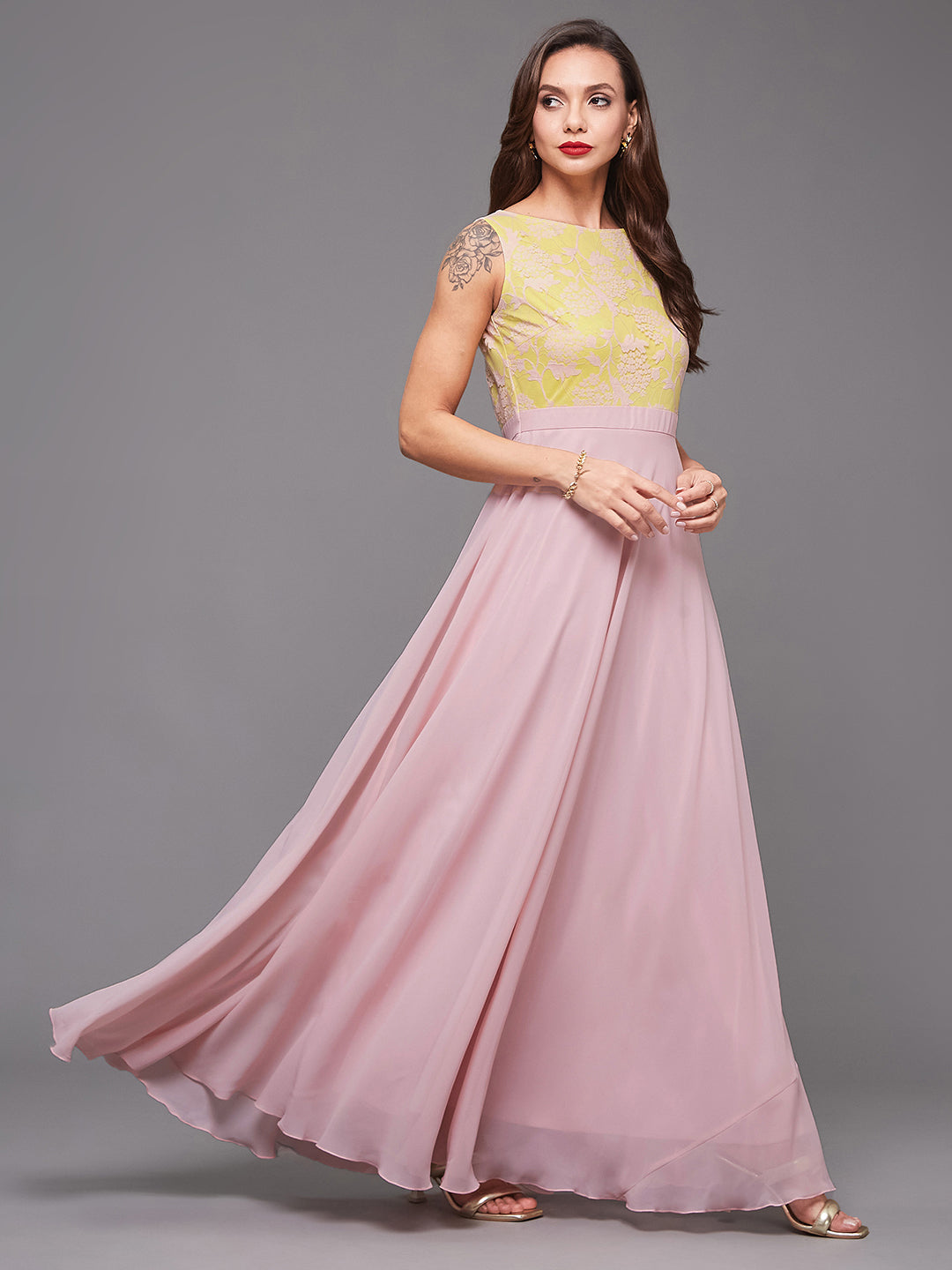 Dusty Pink Sleeveless Fit and Flare Lace Dress for Women