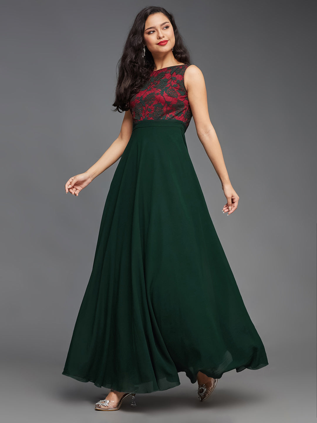Dark Green Sleeveless Fit and Flare Lace Dress for Women