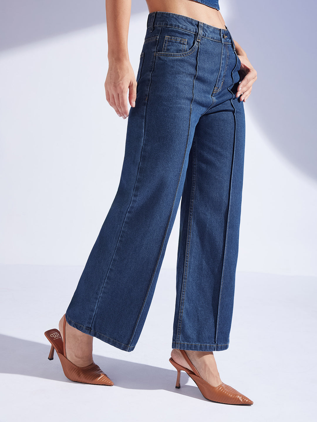 Women's Navy Blue Wide-Leg High-Rise Non-stretchable Denim Jeans