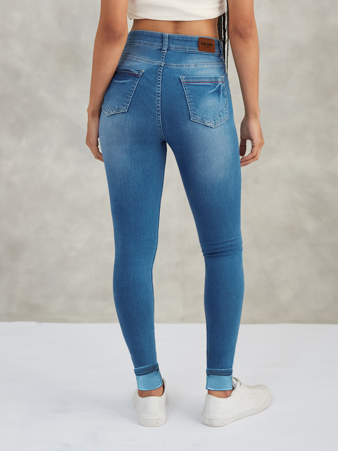 Women's Blue Skinny High-Rise Twill Tape Detailing Scraped Stretchable Denim Jeans