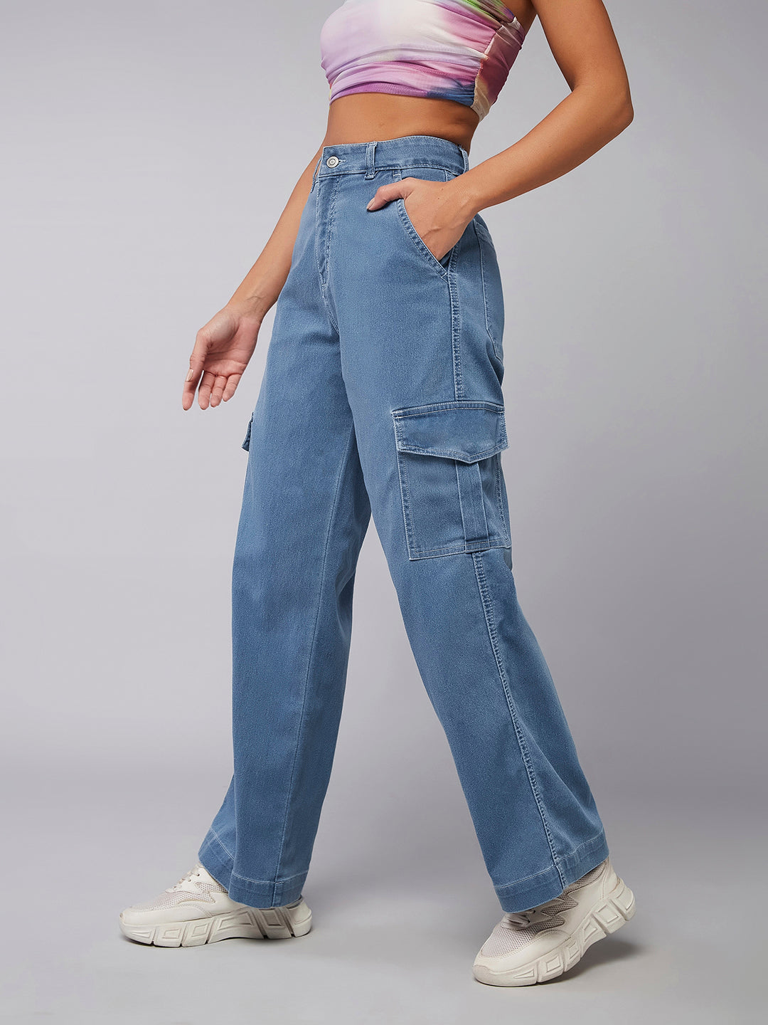 24/7 Comfort Blue Wide-Leg High-Rise Cargo Regular Stretchable Denim Jeans
