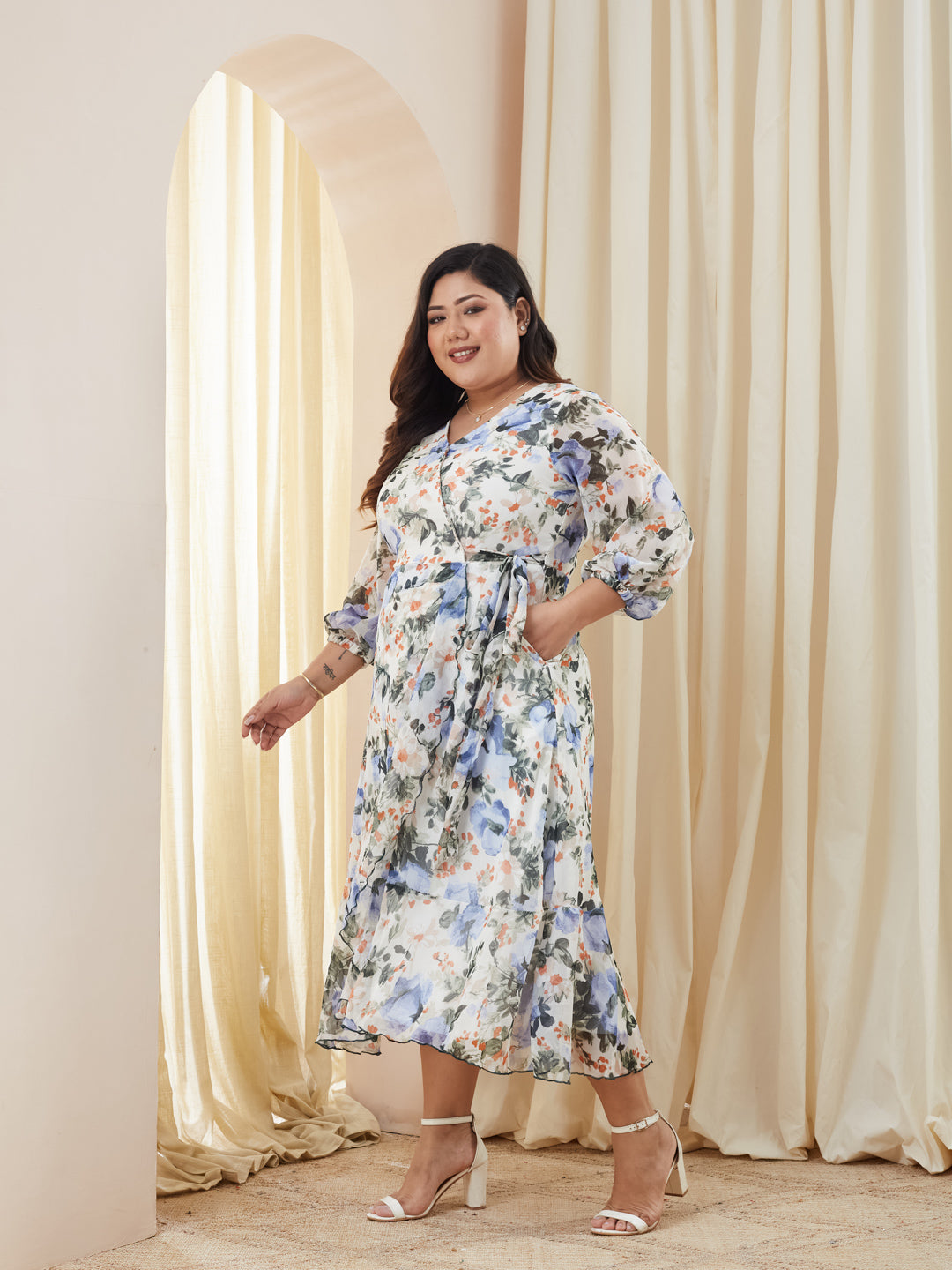 Multicolored-Base-Off White V-Neck Three-Quarter Sleeve Floral Wrap Chiffon Midi Dress for Women