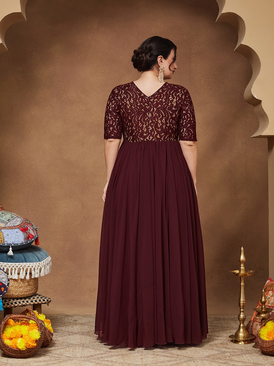 Wine V-Neck Half Sleeve Self Designed Wrap Georgette Maxi Dress for Women