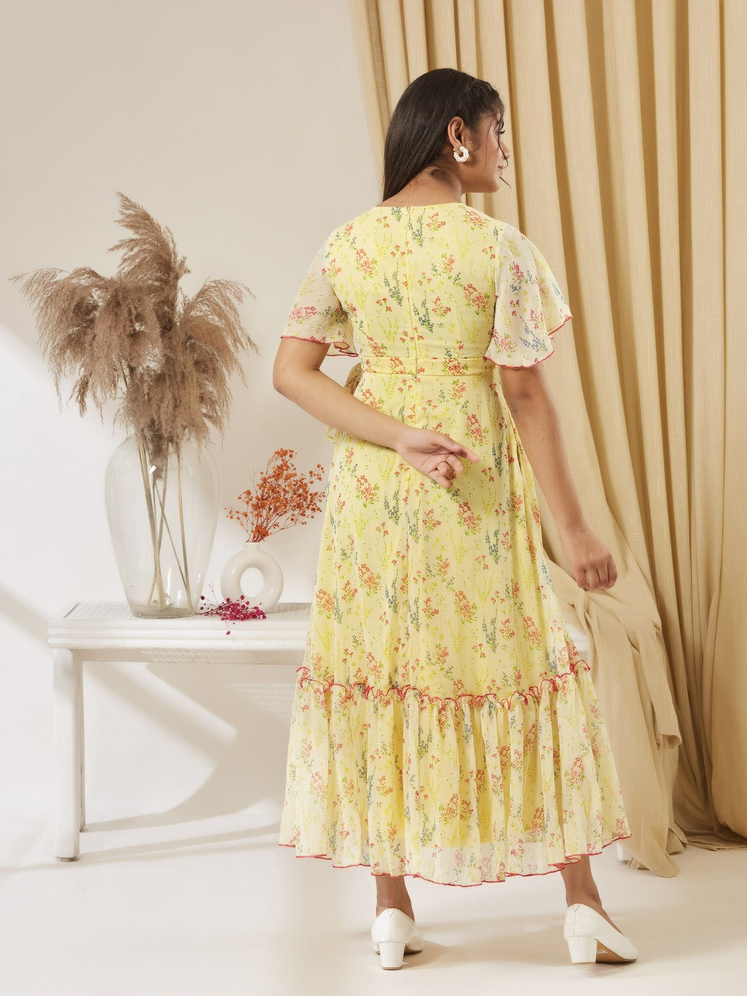Yellow V Neck Flared Sleeve Floral Wrap Maxi Dress for Girls/Teenagers