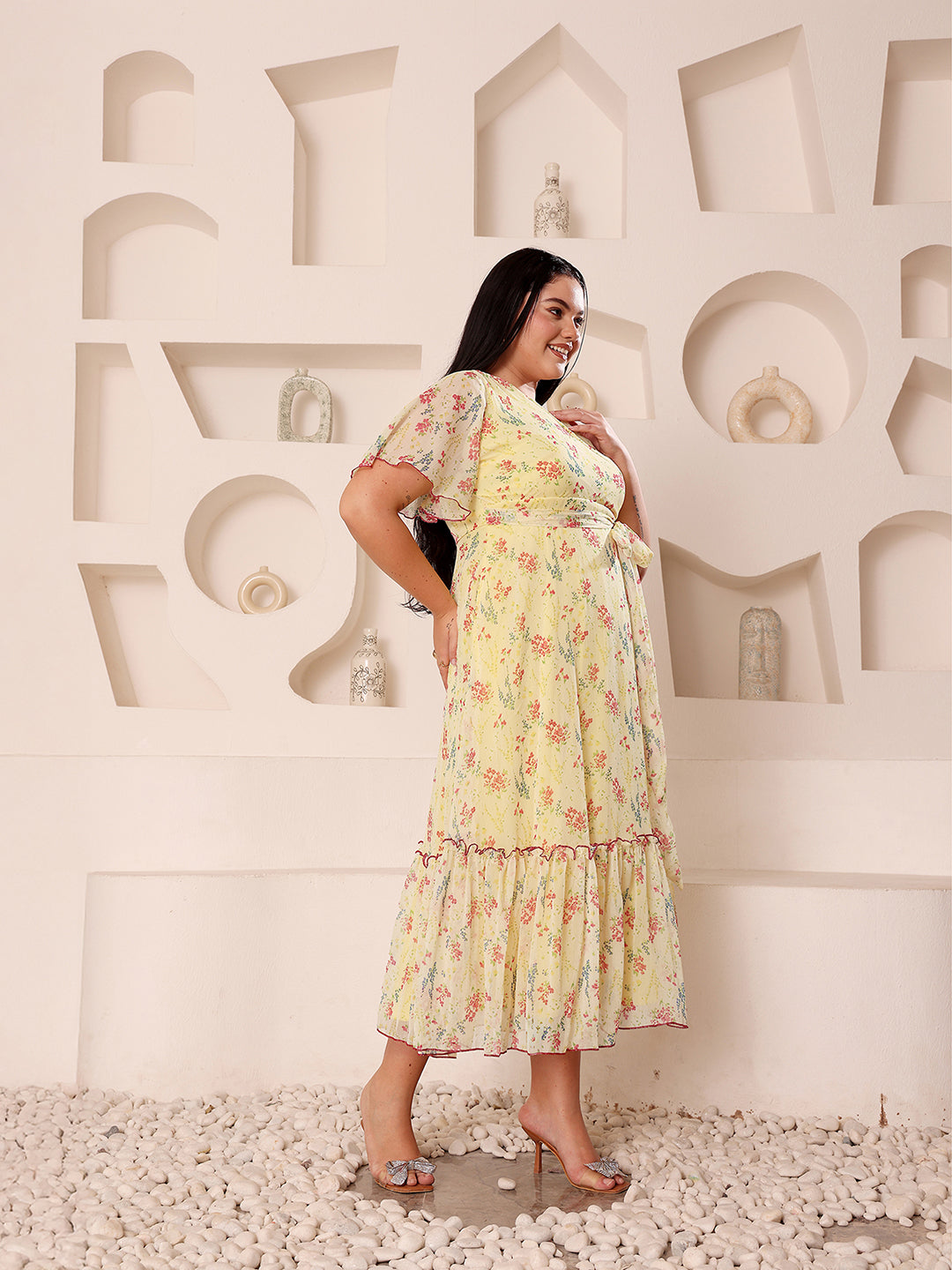 Body Bliss Multicolored-Base-Yellow V-Neck Flared Sleeve Floral Wrap Maxi Dress