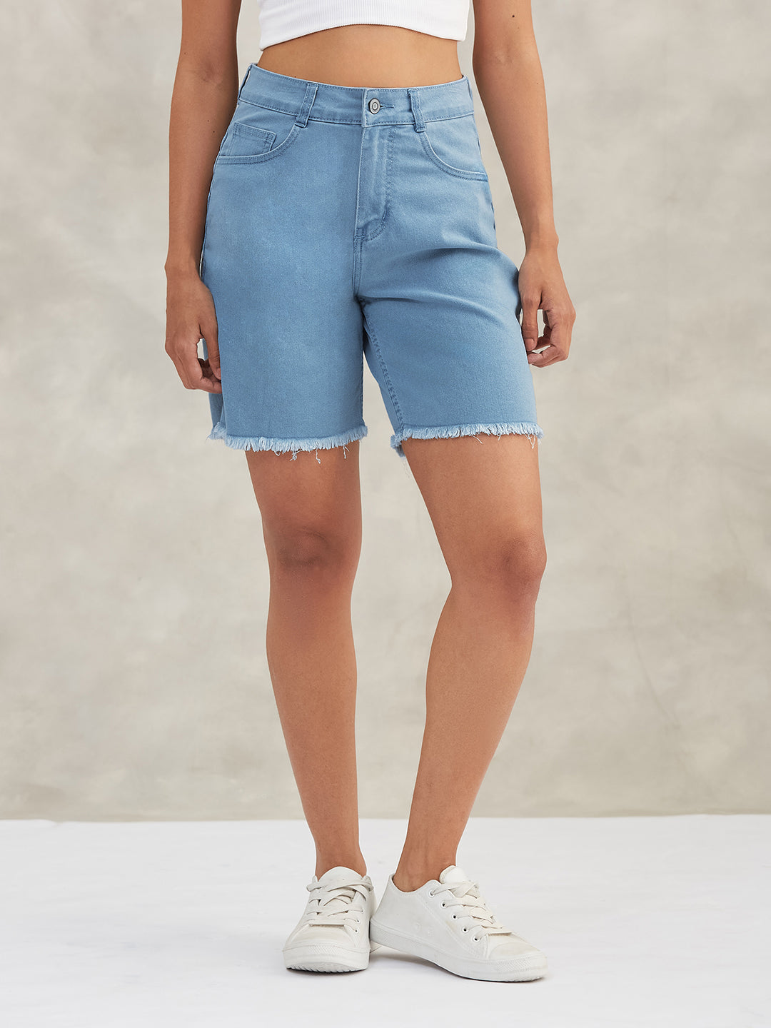 Women's Light Blue High-Rise Above-Knee Stretchable Denim Shorts