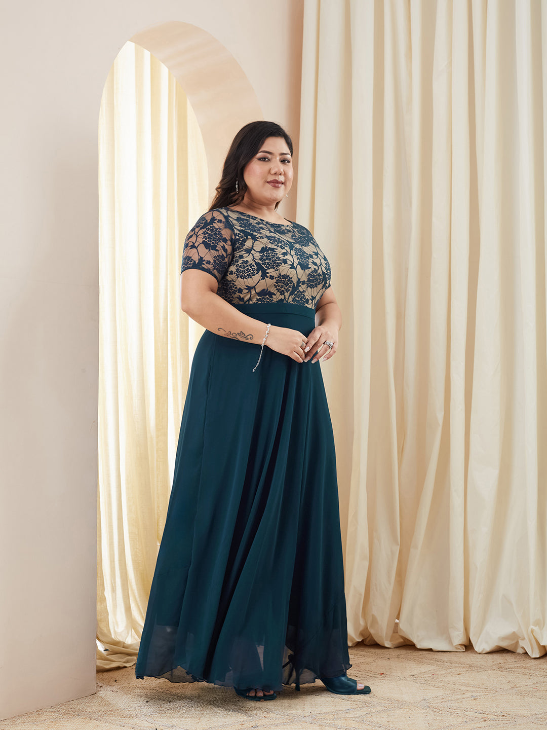 Teal Round Neck Half Sleeve Self Design Fit & Flare Georgette Maxi Dress for Women — Miss Chase A+