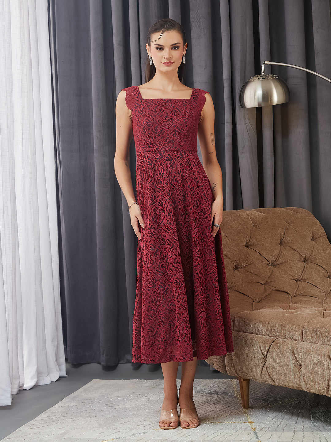 Women's Maroon Square Neck Sleeveless Self-Designed Ruffled Midi Lace Dress