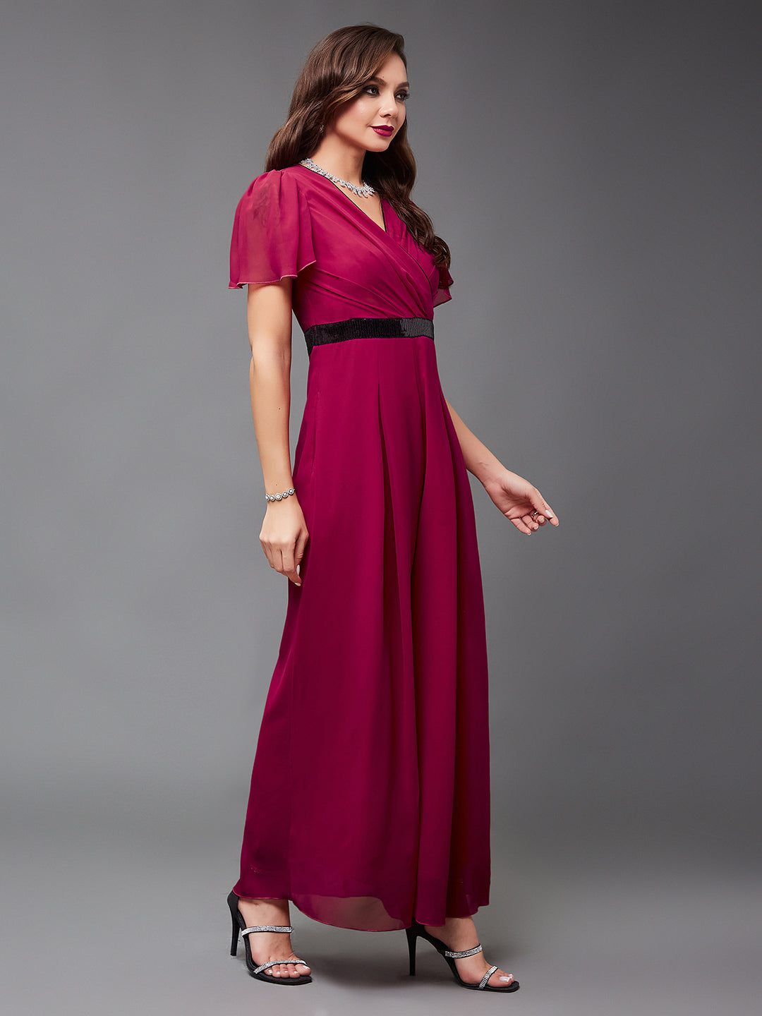 Cocktail Pink Solid Relaxed Fit Short Sleeve V-Neck Ankle-Length Straight-Fit Jumpsuit for Women