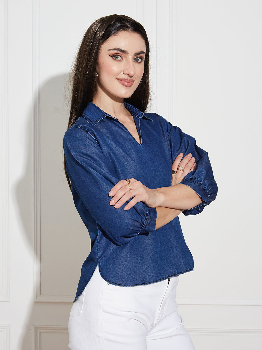 Women's Dark Blue Collar-Neck Puff-Sleeve Solid-Colored Light Weight Denim Tunic Top