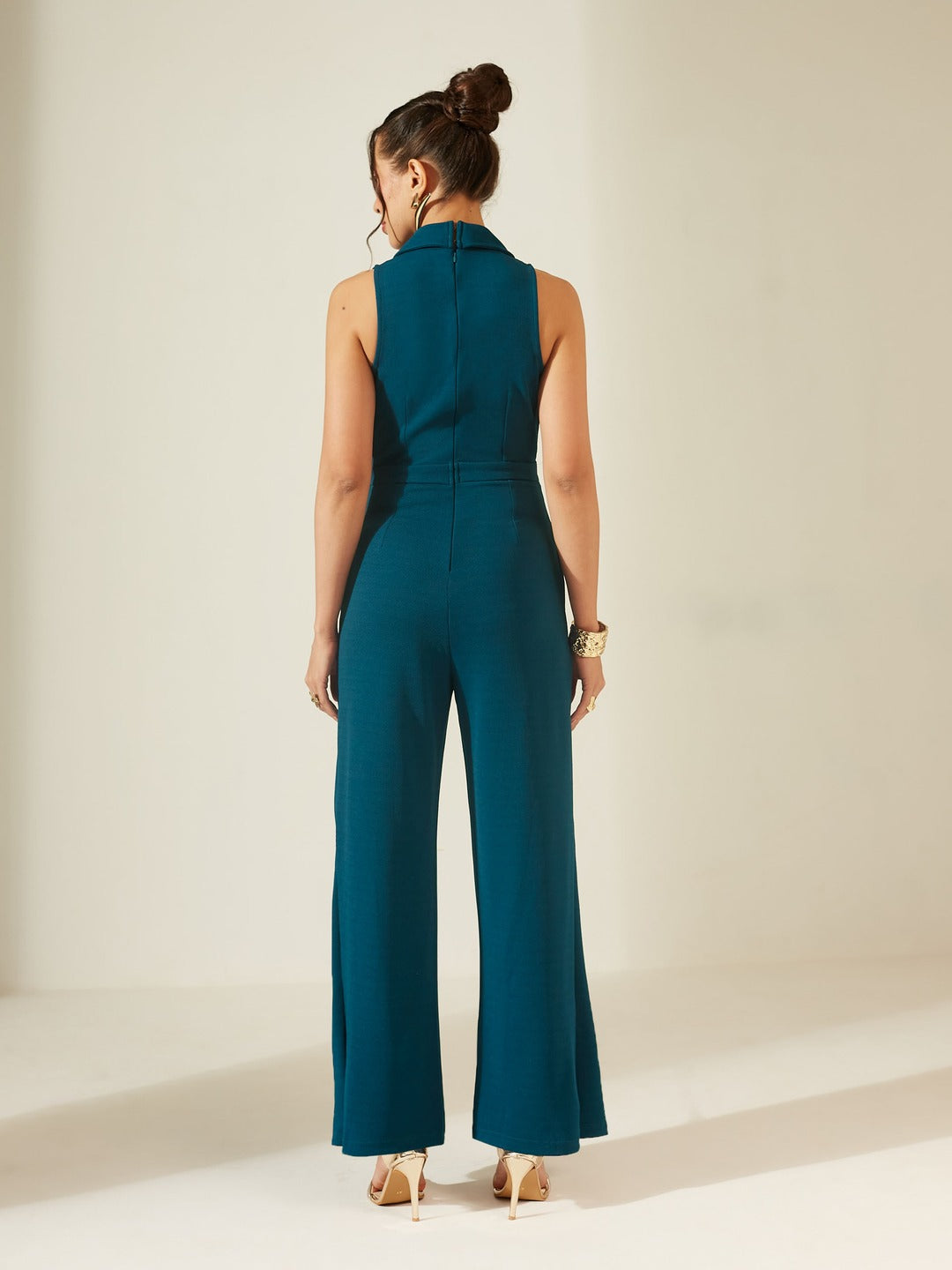 Teal Notched Collar Sleeveless Solid Wrap Regular-Length Jumpsuit for Women
