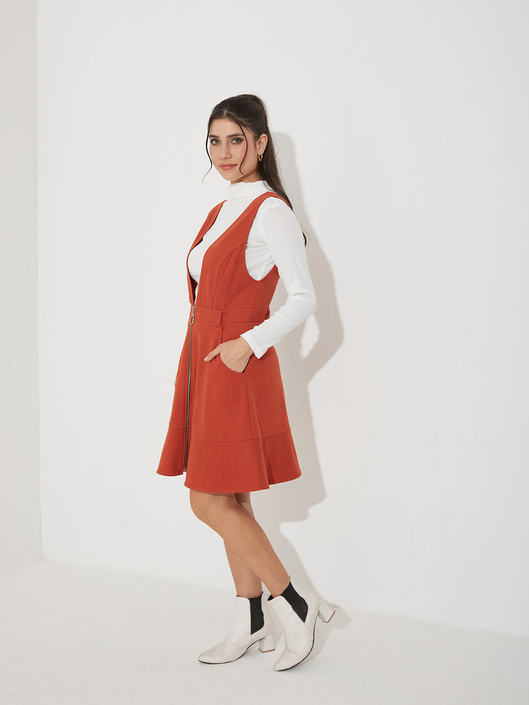 Rust Solid Polyester Pinafore Dress with Zipper Detail and Side Pockets for Women — Miss Chase