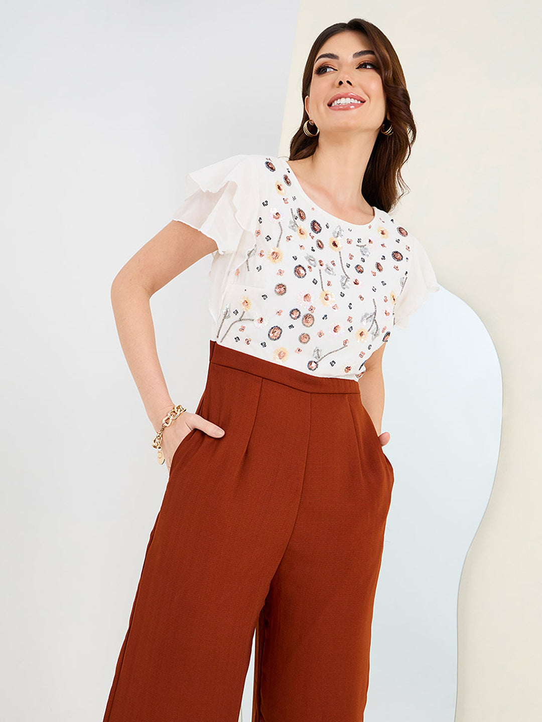 Women's Off White & Rust Round-Neck Extended Sleeve Embellished Regular Jumpsuit