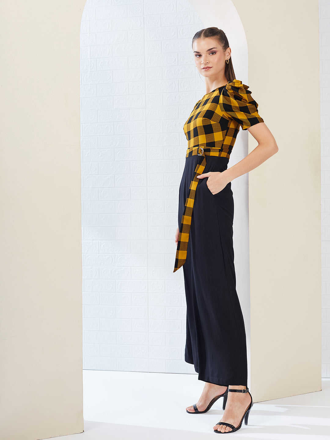 Black & Mustard Round Neck Cowl Sleeve Checkered Wide-leg Viscose-Rayon Regular Length Jumpsuit for Women — Miss Chase