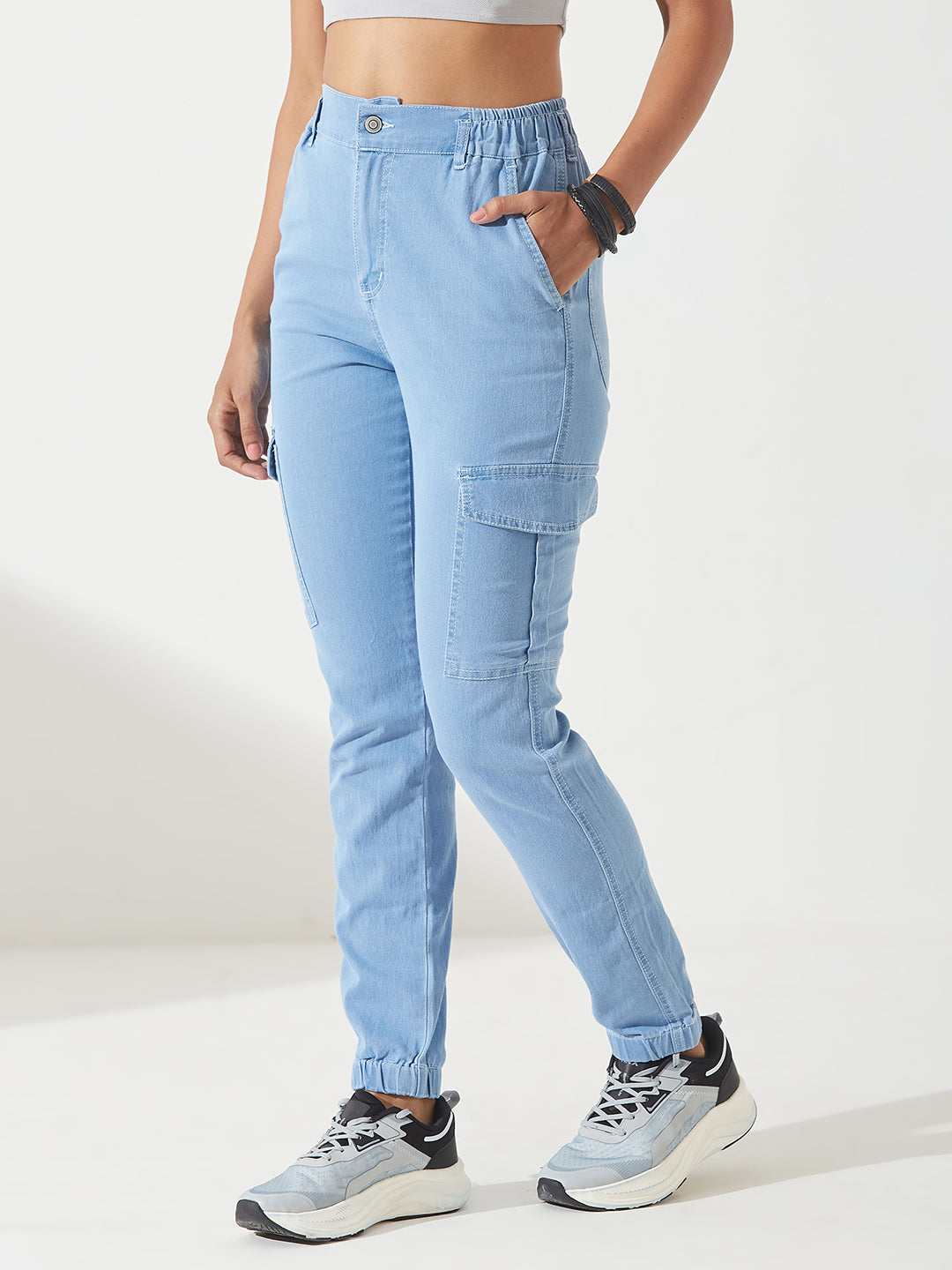 Women's Light Blue High-Rise Stretchable Denim Joggers