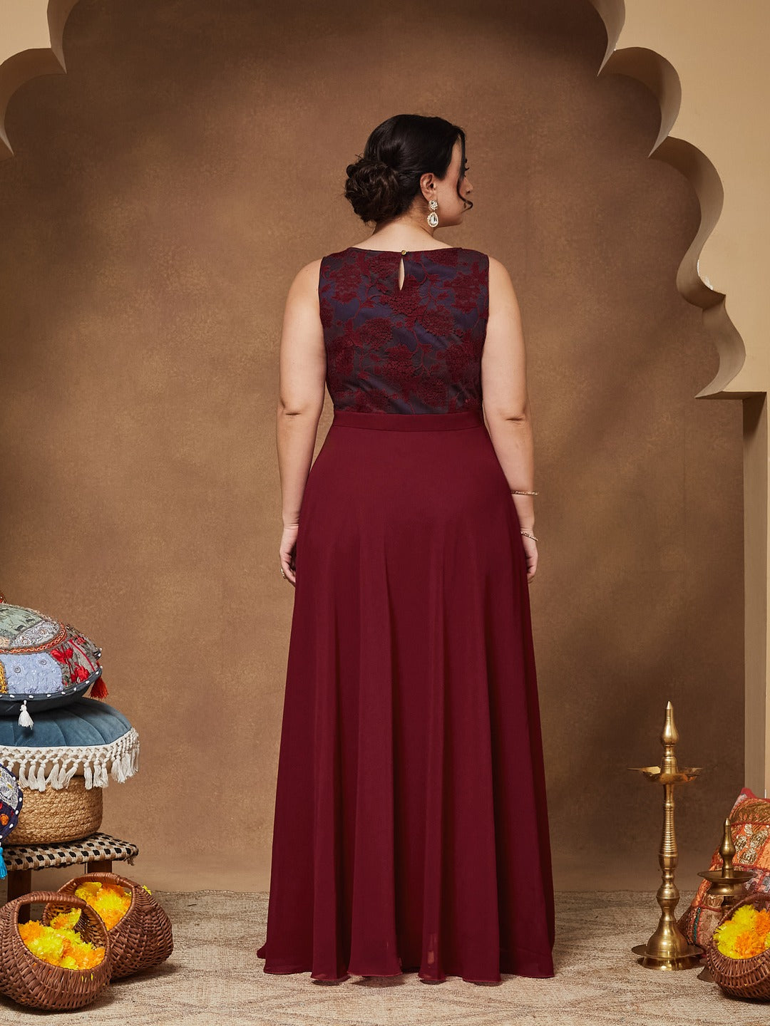 Maroon & Teal Boat Neck Sleeveless Self Design Lace Overlaid Maxi Dress for Women — Miss Chase A+