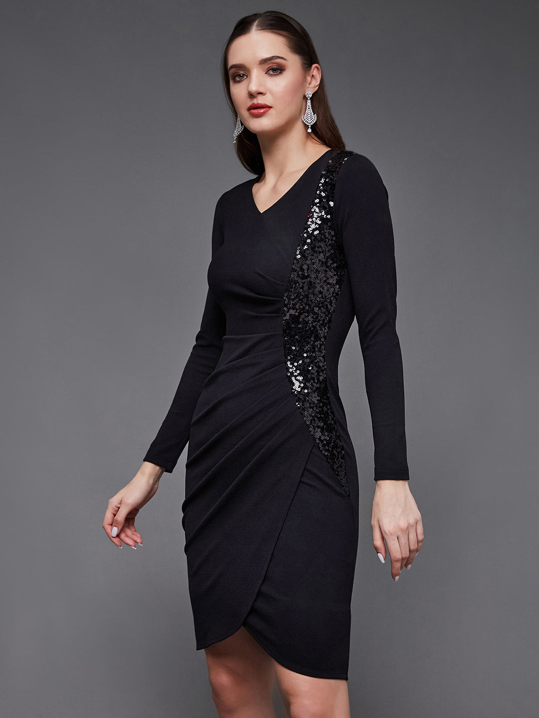 Women's Black V-Neck Full Sleeve Embellished Wrap-Styled Party Knee-Long Dress