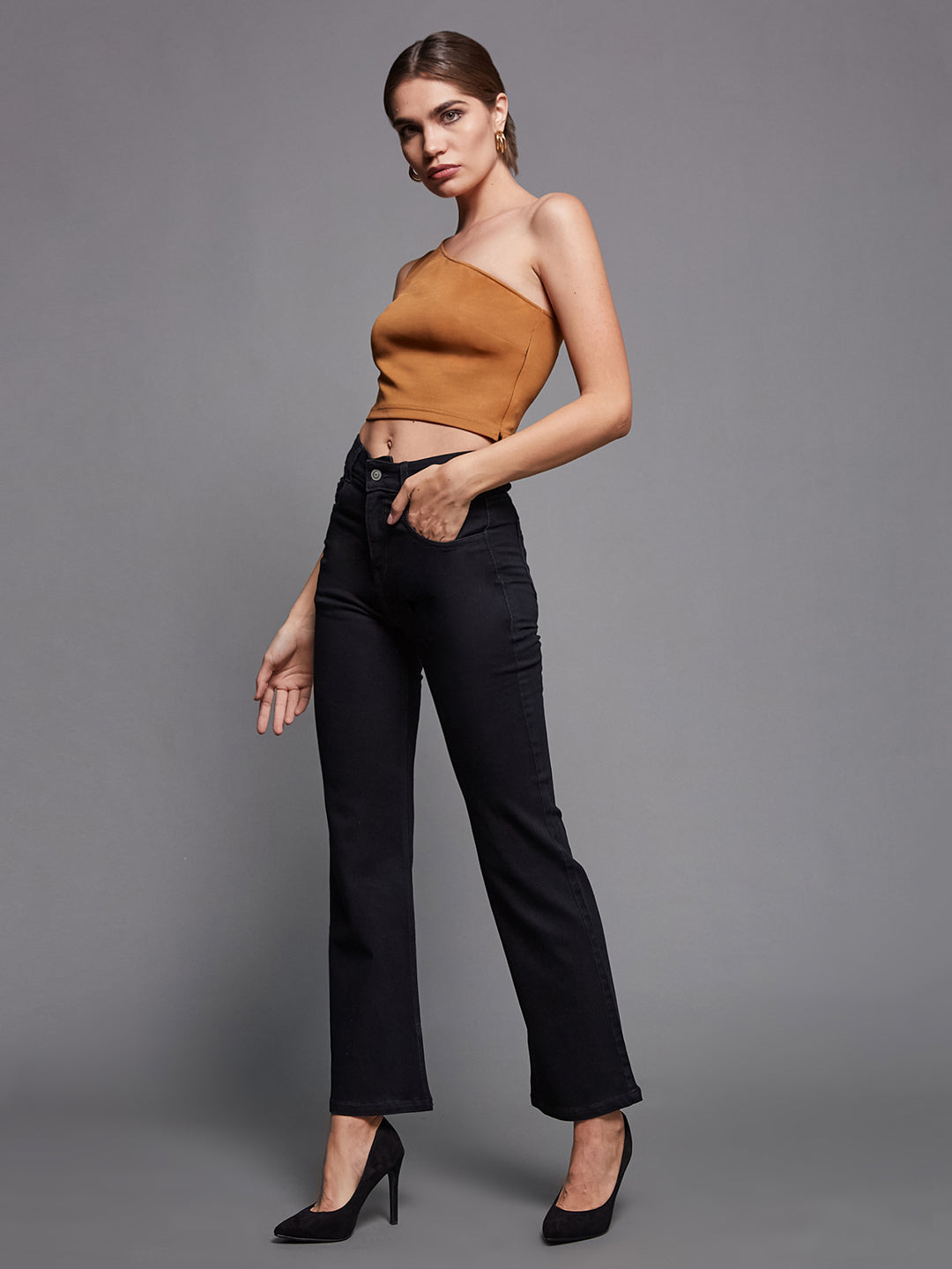 24/7 Comfort Black Bell-Bottom Bootcut High-Rise Stretchable Denim Jeans