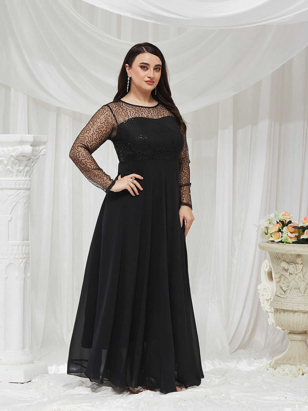 Black Solid Embellished Maxi Dress for Women — Miss Chase A+