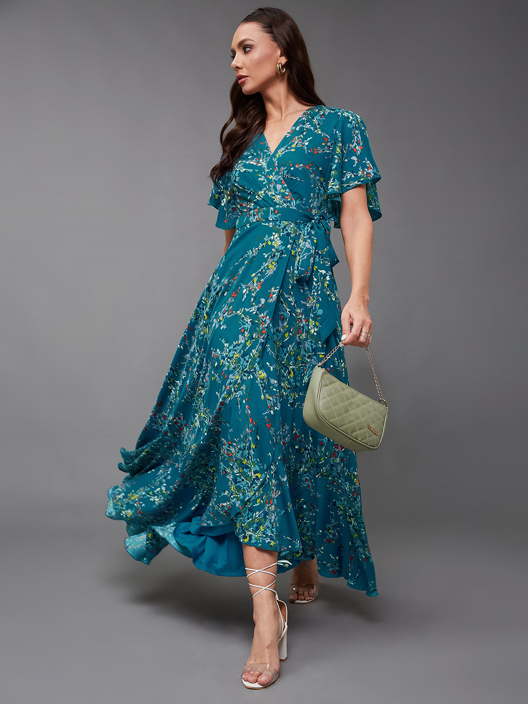 Women's Multicolored-Base-Turquoise V-Neck Half Sleeve Floral Wrap Crepe Maxi Dress
