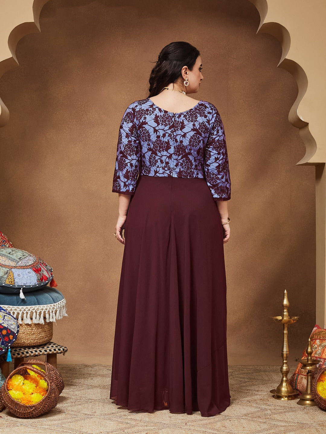 Wine Sweet heart neck 3/4 Sleeve Self Design Fit & Flare Maxi Dress for Women