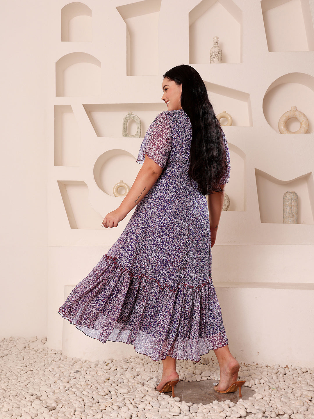 Body Bliss Multicolored-Base-Purple V-Neck Flared Sleeve Floral Wrap Chiffon Maxi Dress