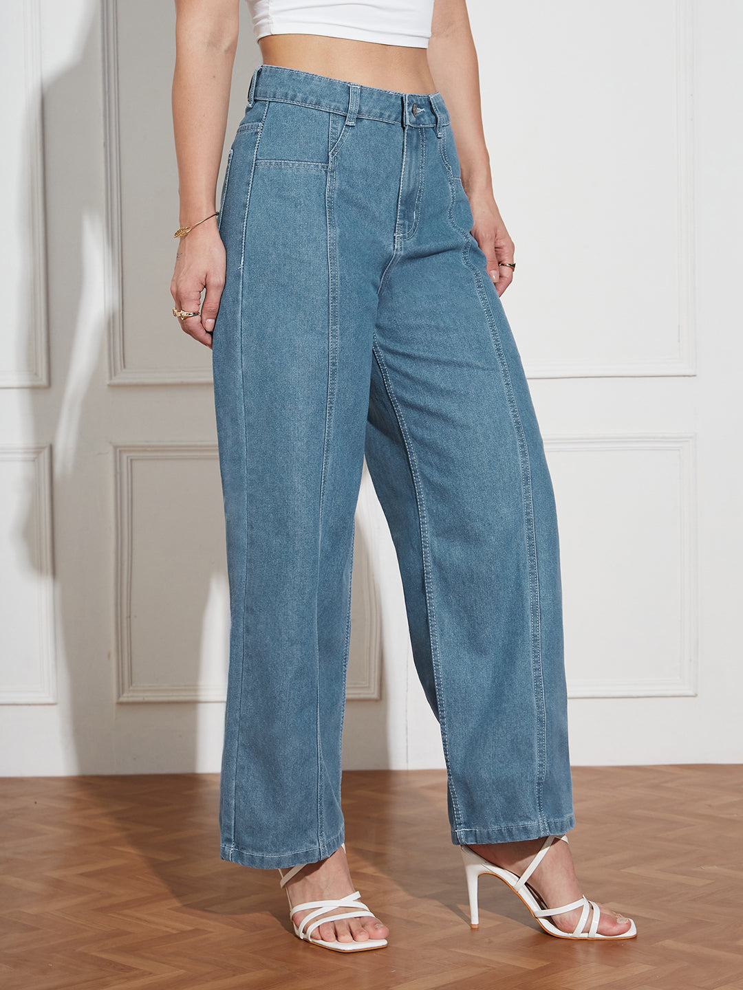 Blue Wide-Leg High-Rise Denim Jeans For Women